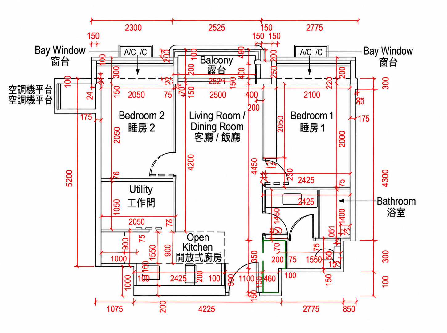 第 1 期第 2 座 18 樓 B 室兩房連工作間戶型圖